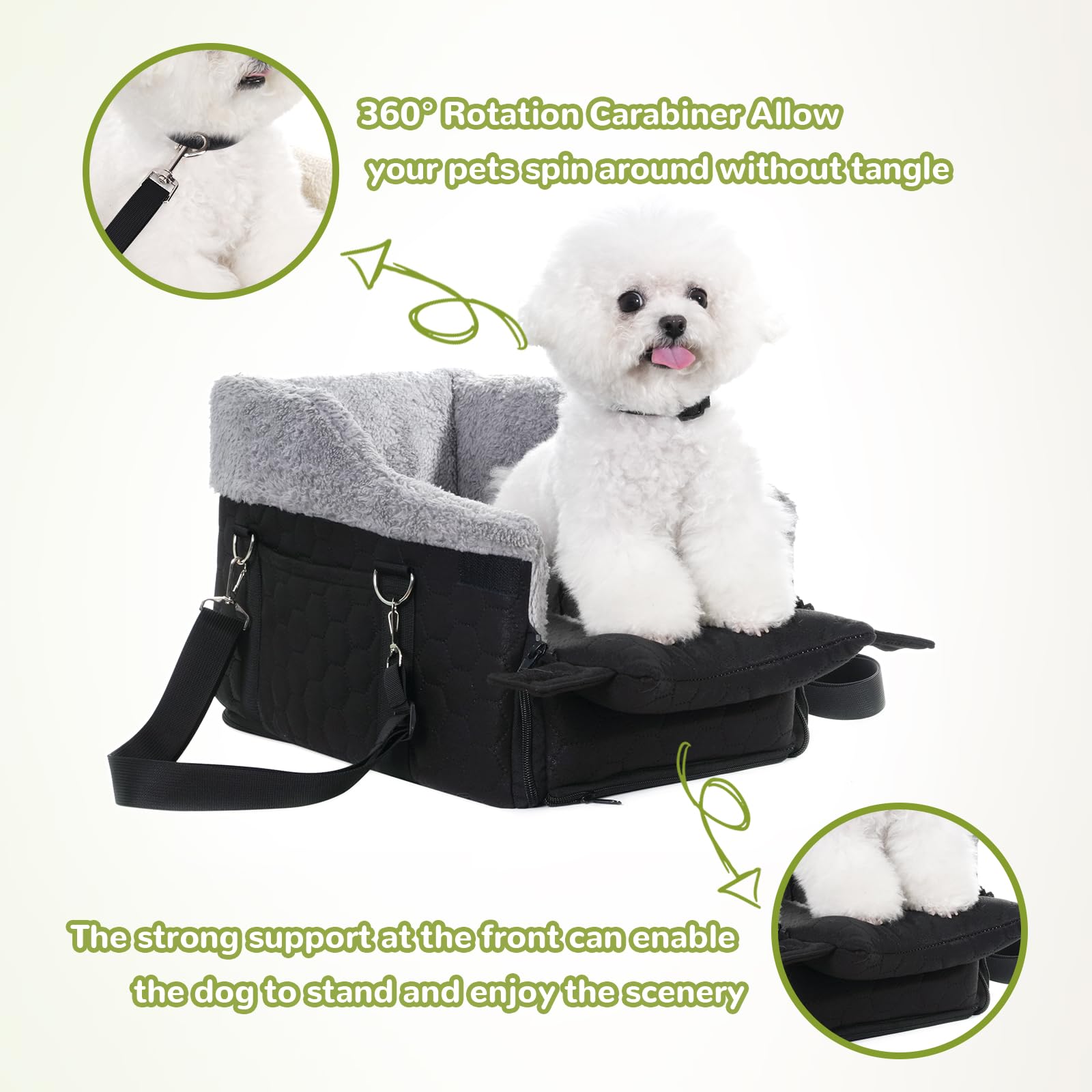 AtawLege center console dog car seat on driver side view helps keep pets secure.