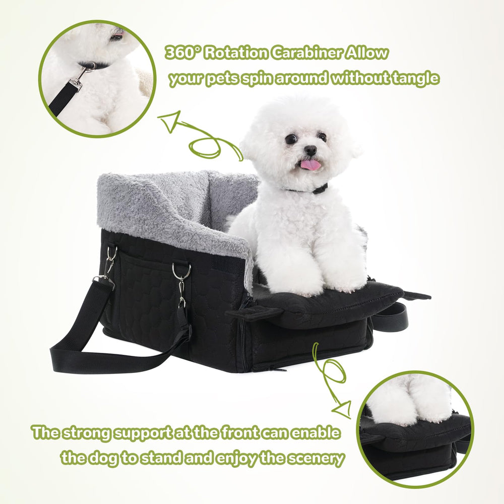 AtawLege center console dog car seat on driver side view helps keep pets secure.