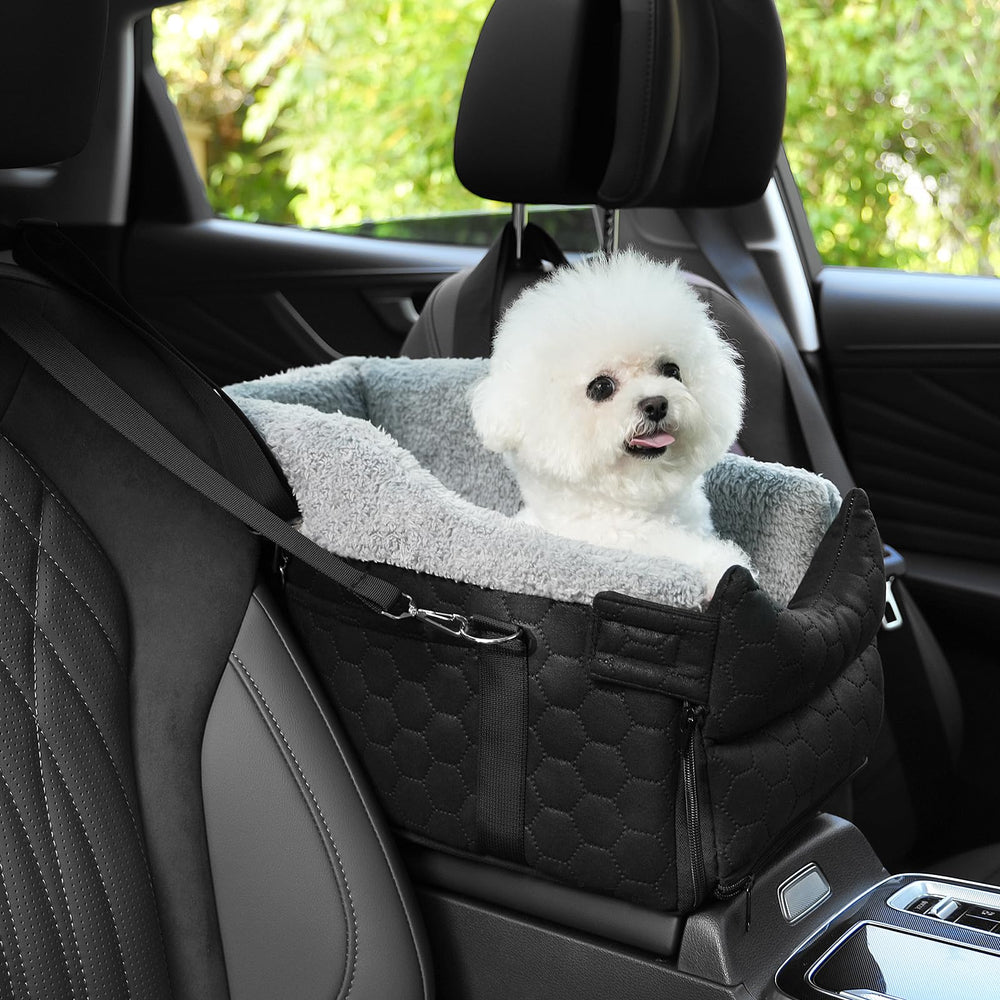 AtawLege center console dog car seat installed on console provides secure travel for small dogs.
