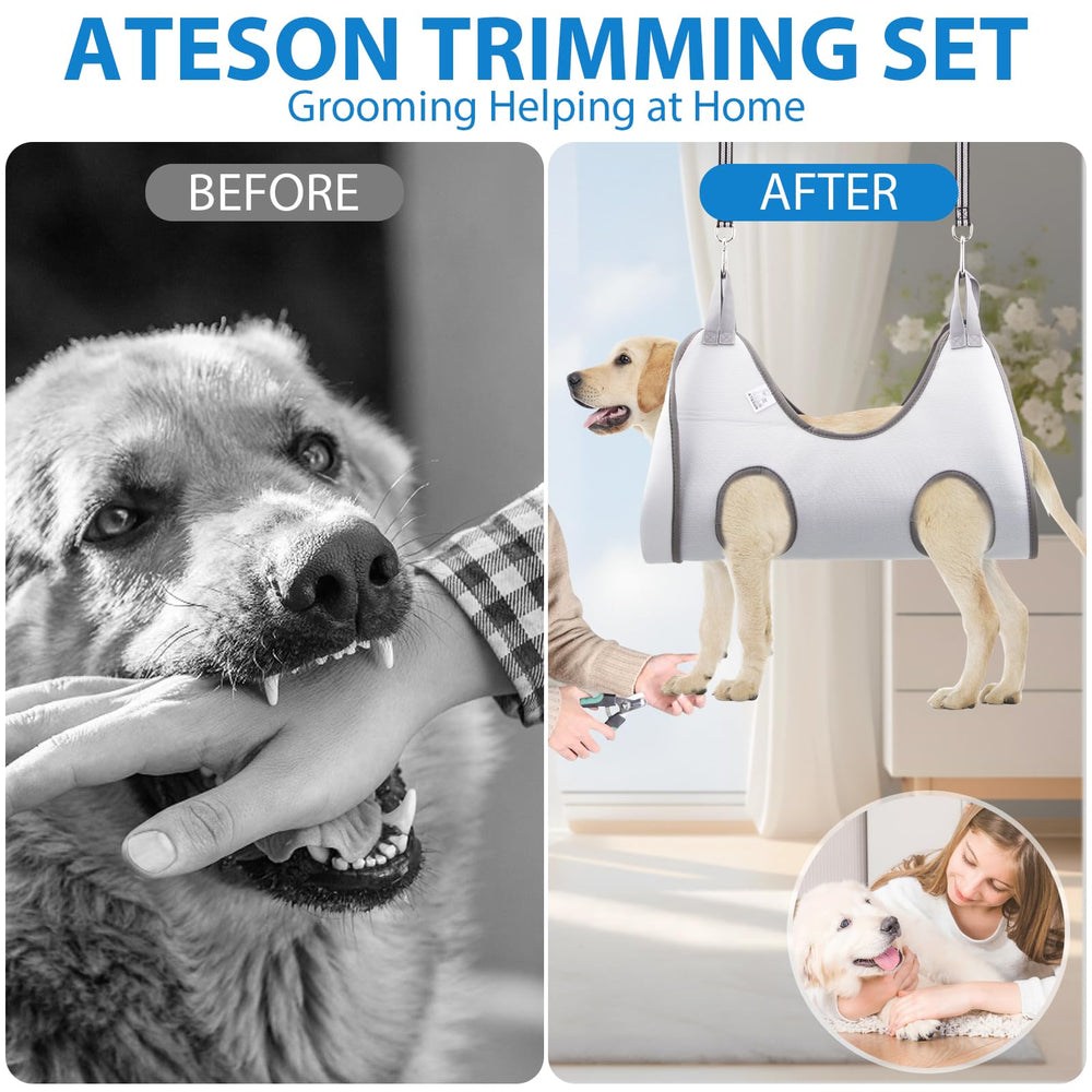 ATESON pet grooming hammock in use during nail trimming to illustrate calm grooming session.