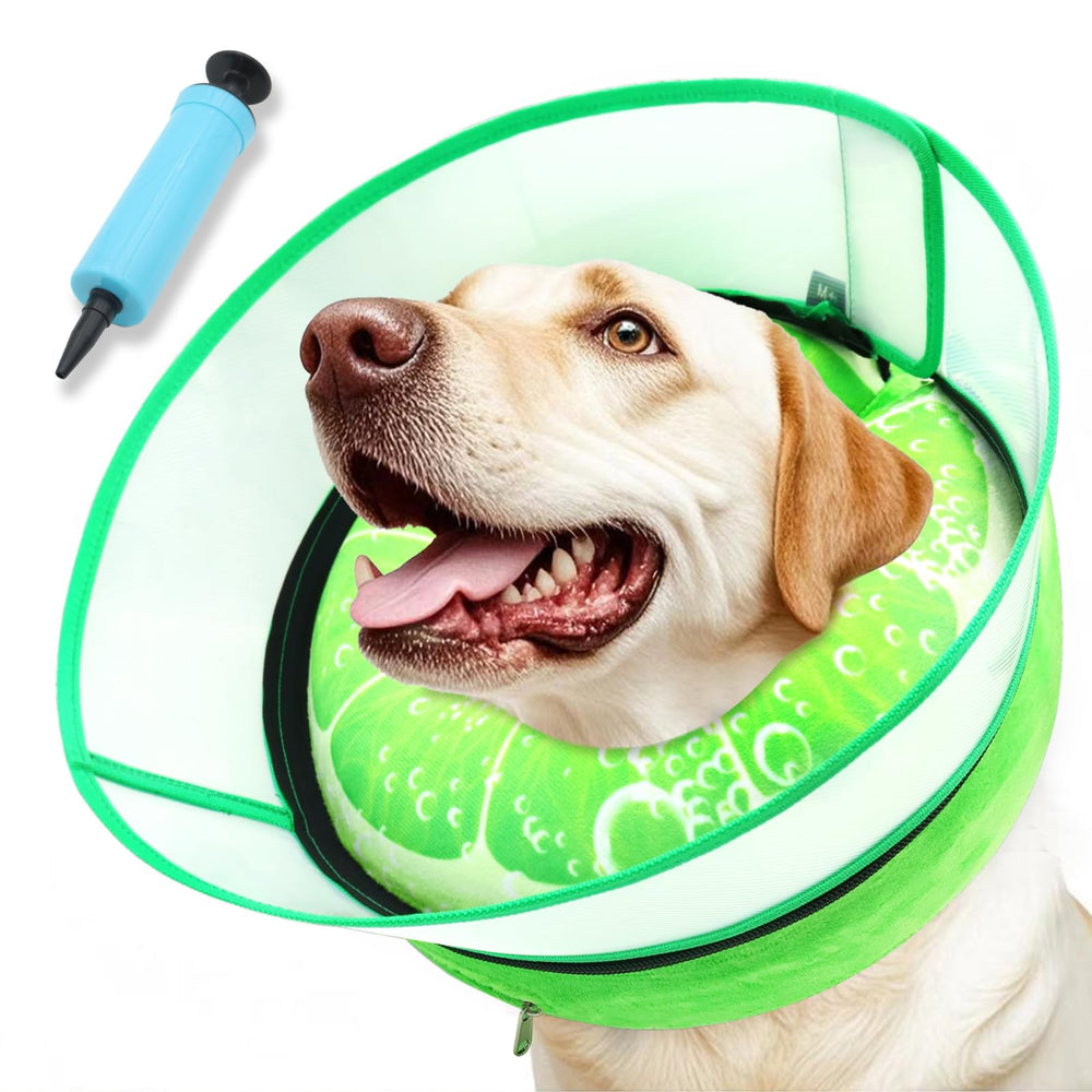 AThooDel 2-in-1 inflatable dog cone close-up demonstrates gentle wound protection.