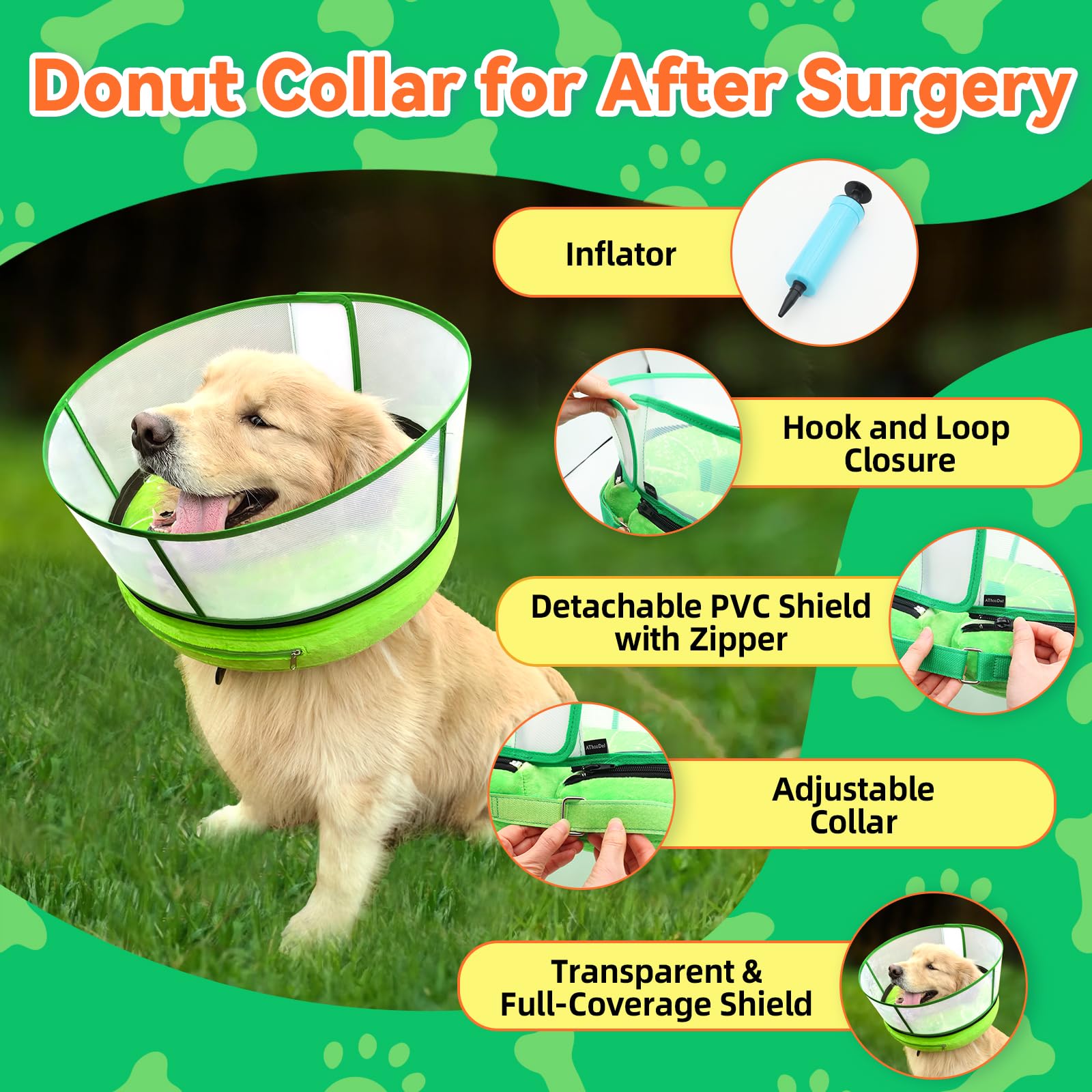AThooDel adjustable-strap demonstrates a secure, customizable fit around the dog's neck.