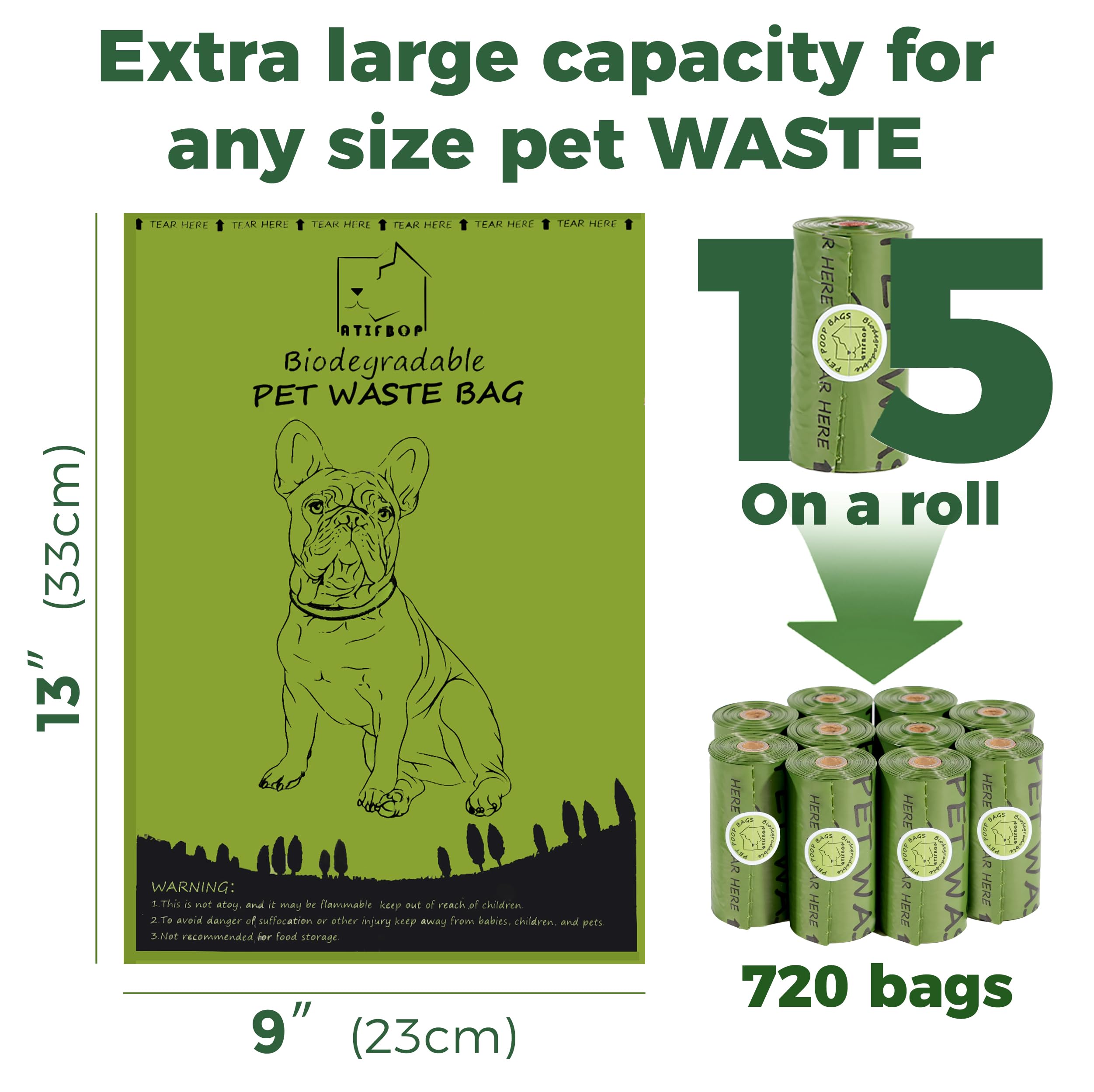 ATIFBOP 48-rolls leak-proof bags shown for quick, tidy cleanup