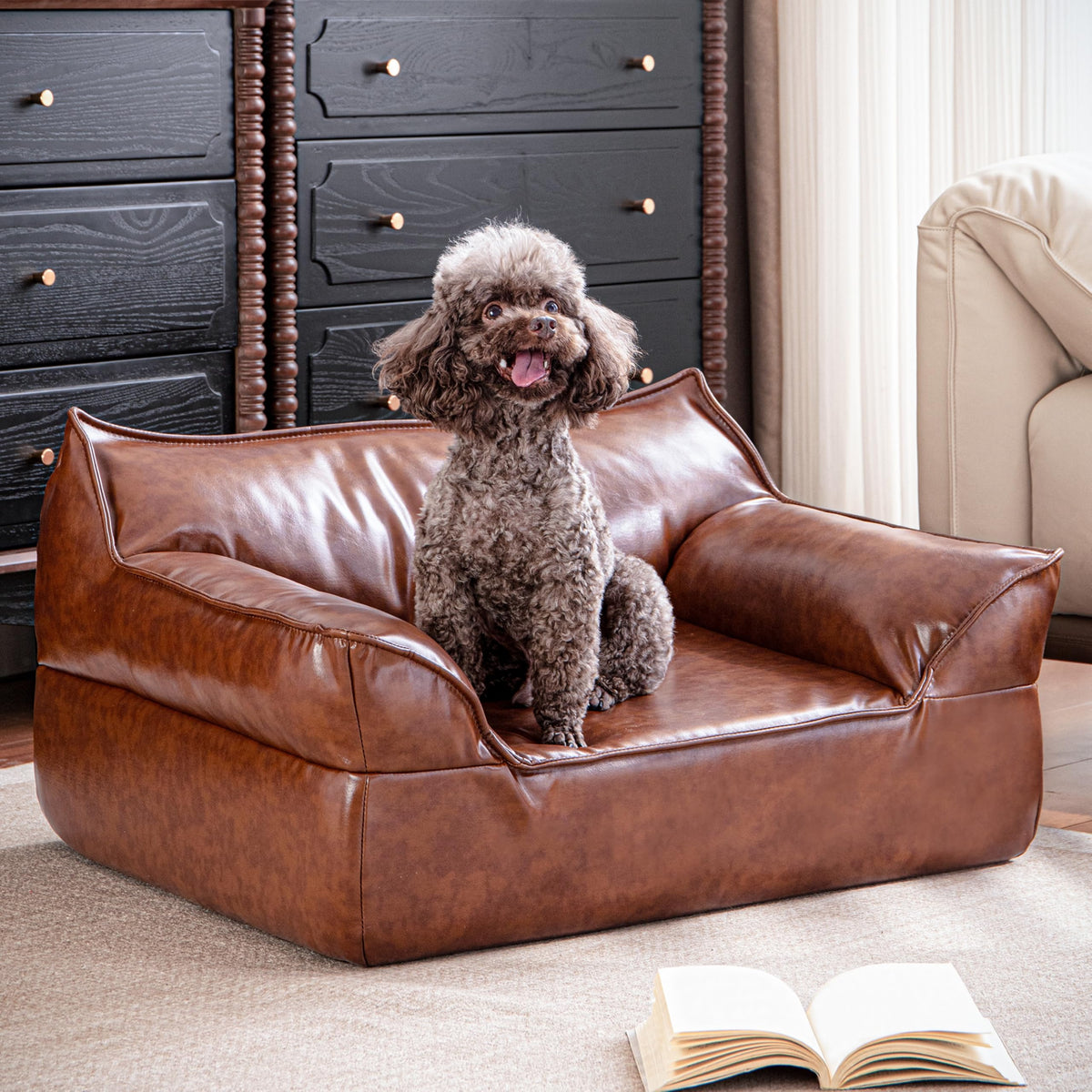 ATJafurn Brown Leather Dog Couch Bed angle view shows premium leather and vintage charm.