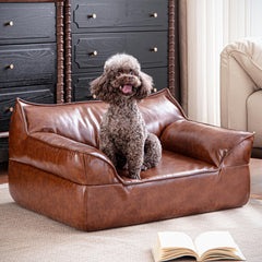 ATJafurn Brown Leather Dog Couch Bed angle view shows premium leather and vintage charm.