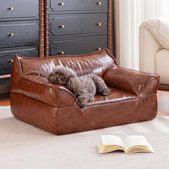 ATJafurn Brown Leather Dog Couch Bed in living room blends with decor for a cohesive home.