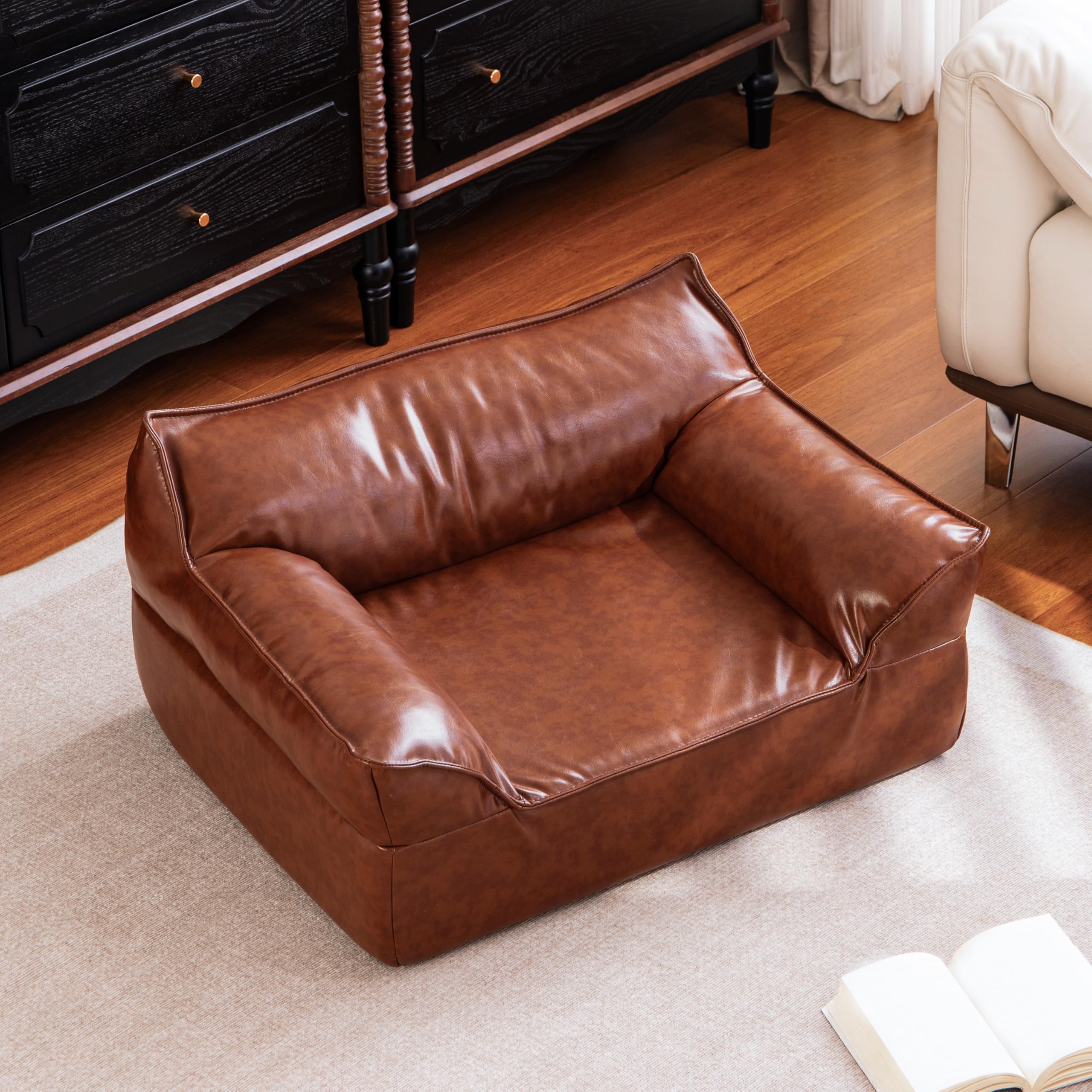 ATJafurn Elevated Dog Couch Bed demonstrates easy access and close pet-friendly placement.