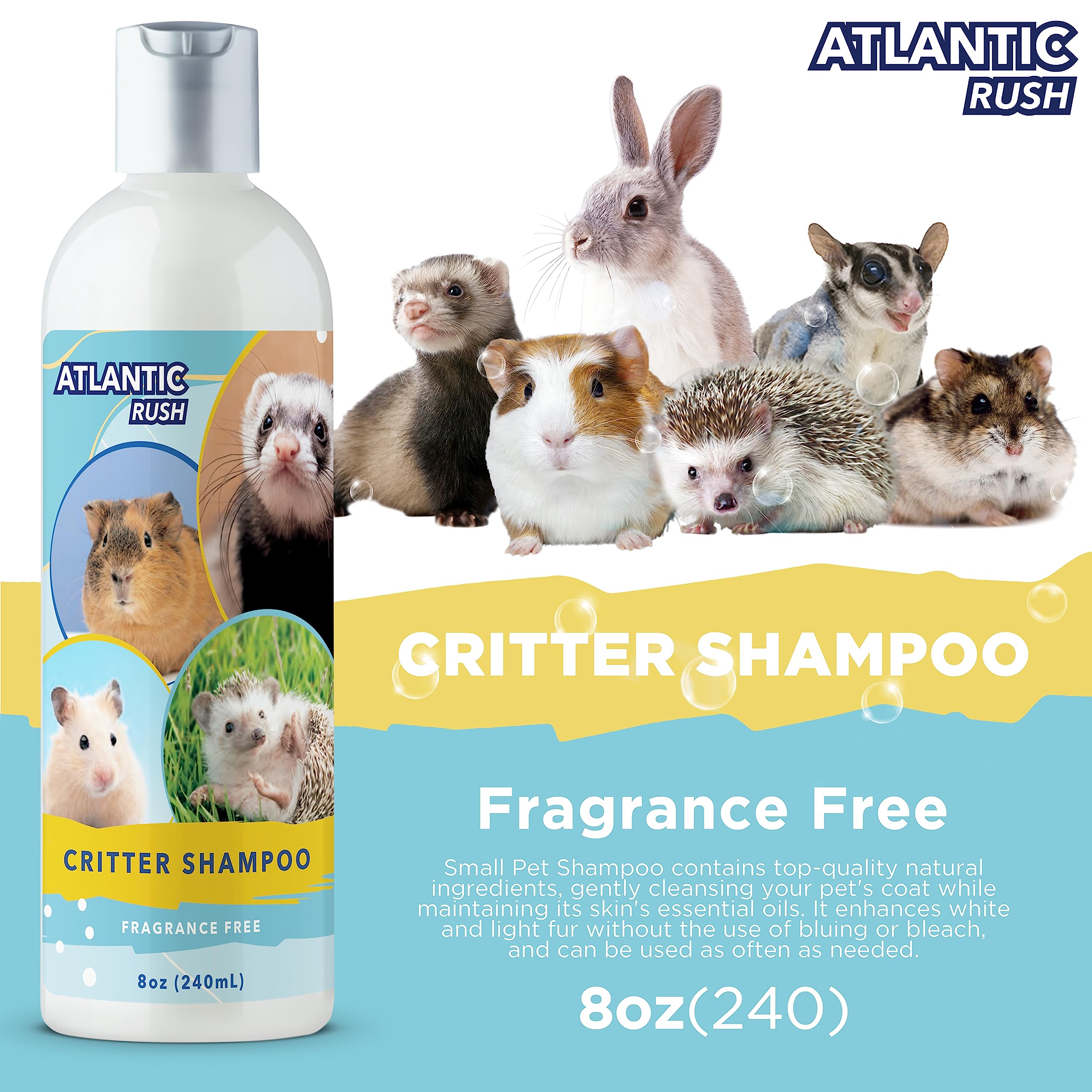 Atlantic Rush Critter Shampoo small pet bath time scene demonstrating gentle cleansing