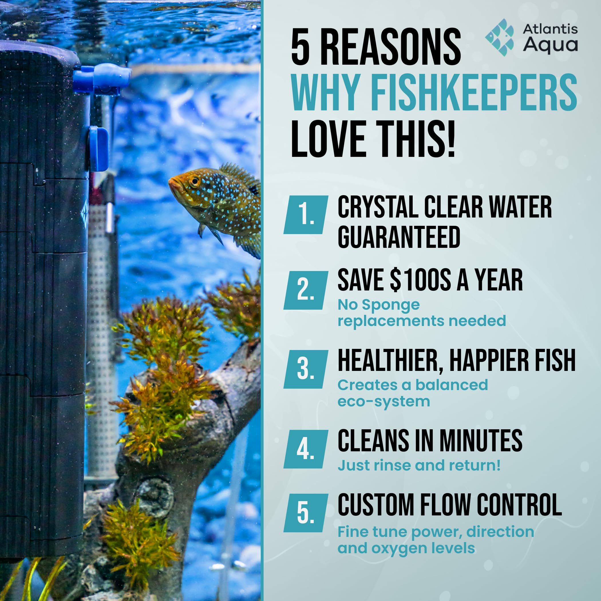 Atlantis Aqua bottom intake design delivers thorough filtration and clearer water.
