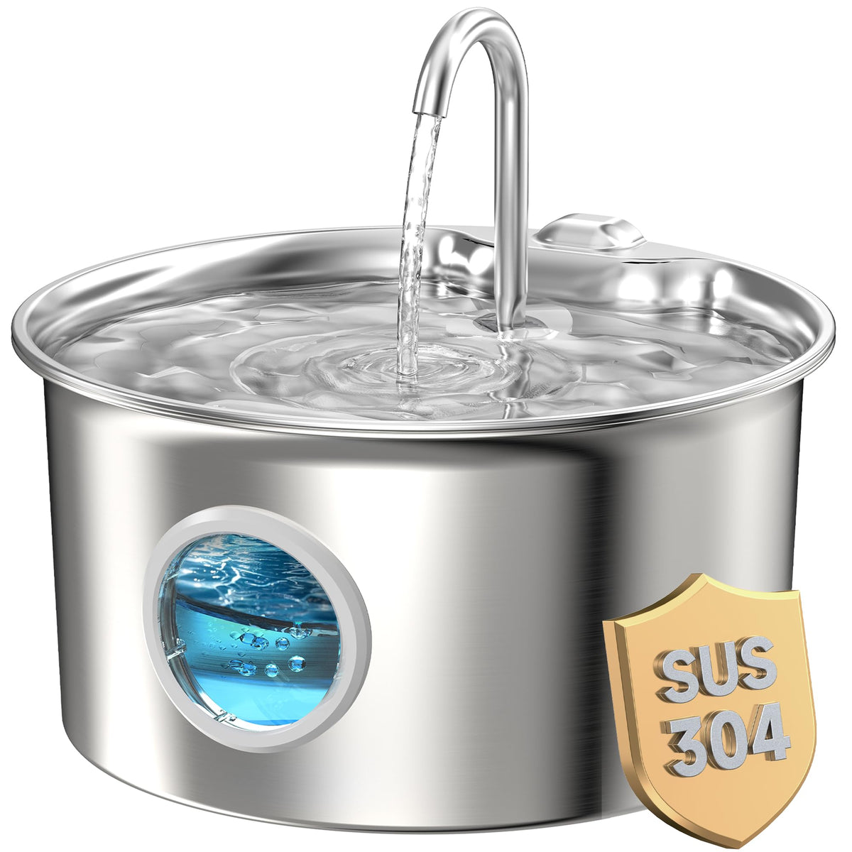 ATMZIQXR cat fountain stainless-steel front view highlights durable, rust-proof design for reliable hydration.