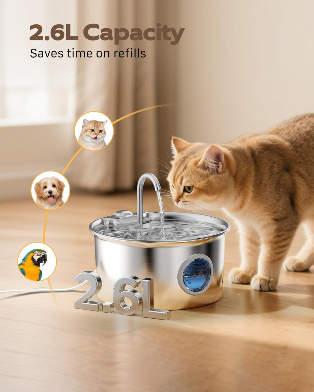 ATMZIQXR cat fountain side angle shows sleek matte finish suitable for modern homes.