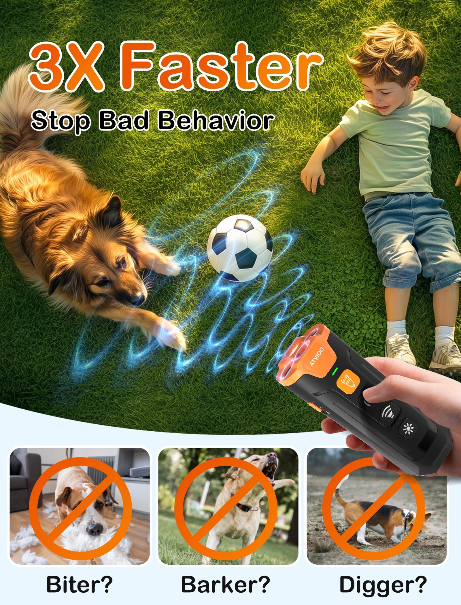ATVIOO dog bark deterrent 3 emitters image emphasizes broad coverage for calmer training