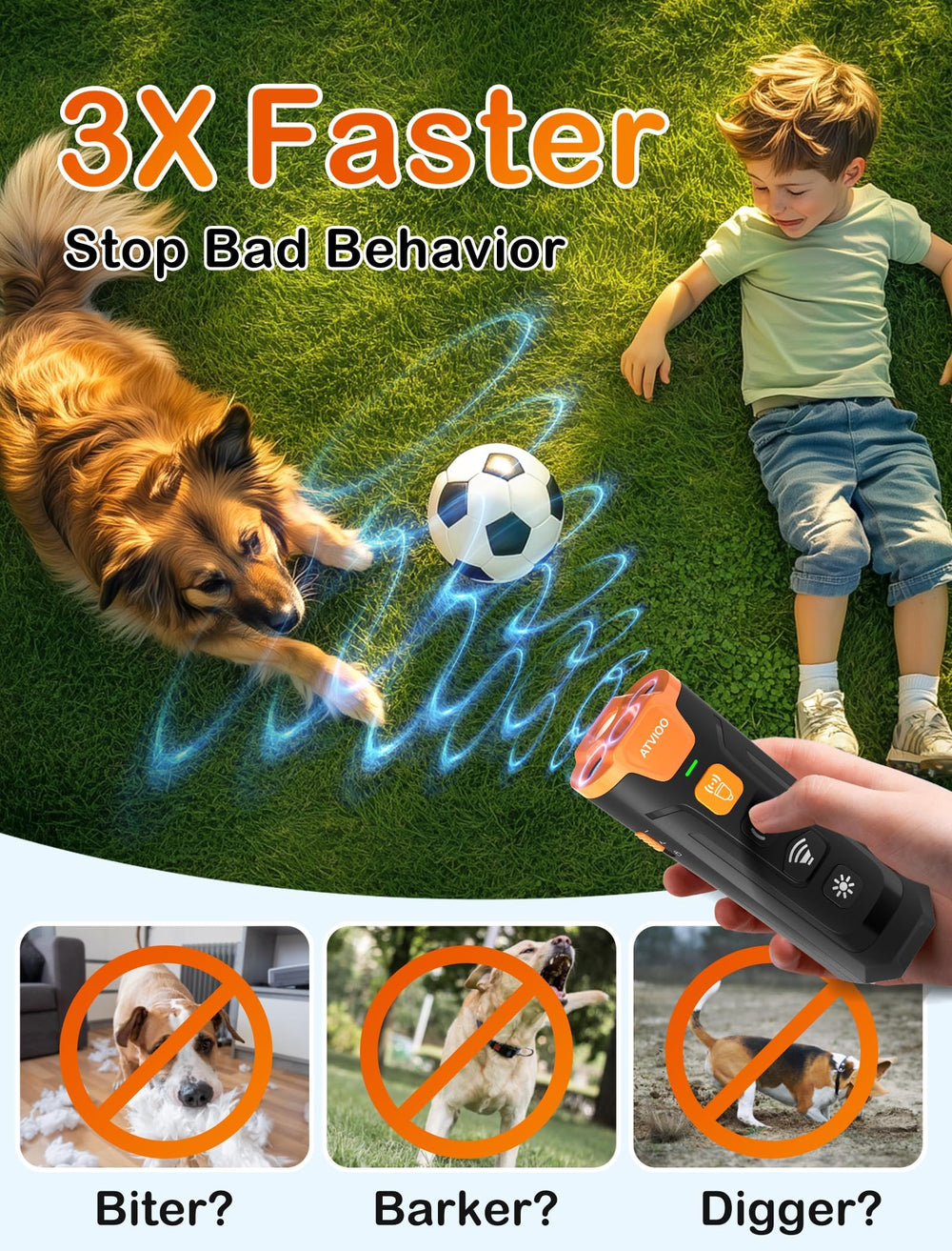 ATVIOO dog bark deterrent 3 emitters image emphasizes broad coverage for calmer training