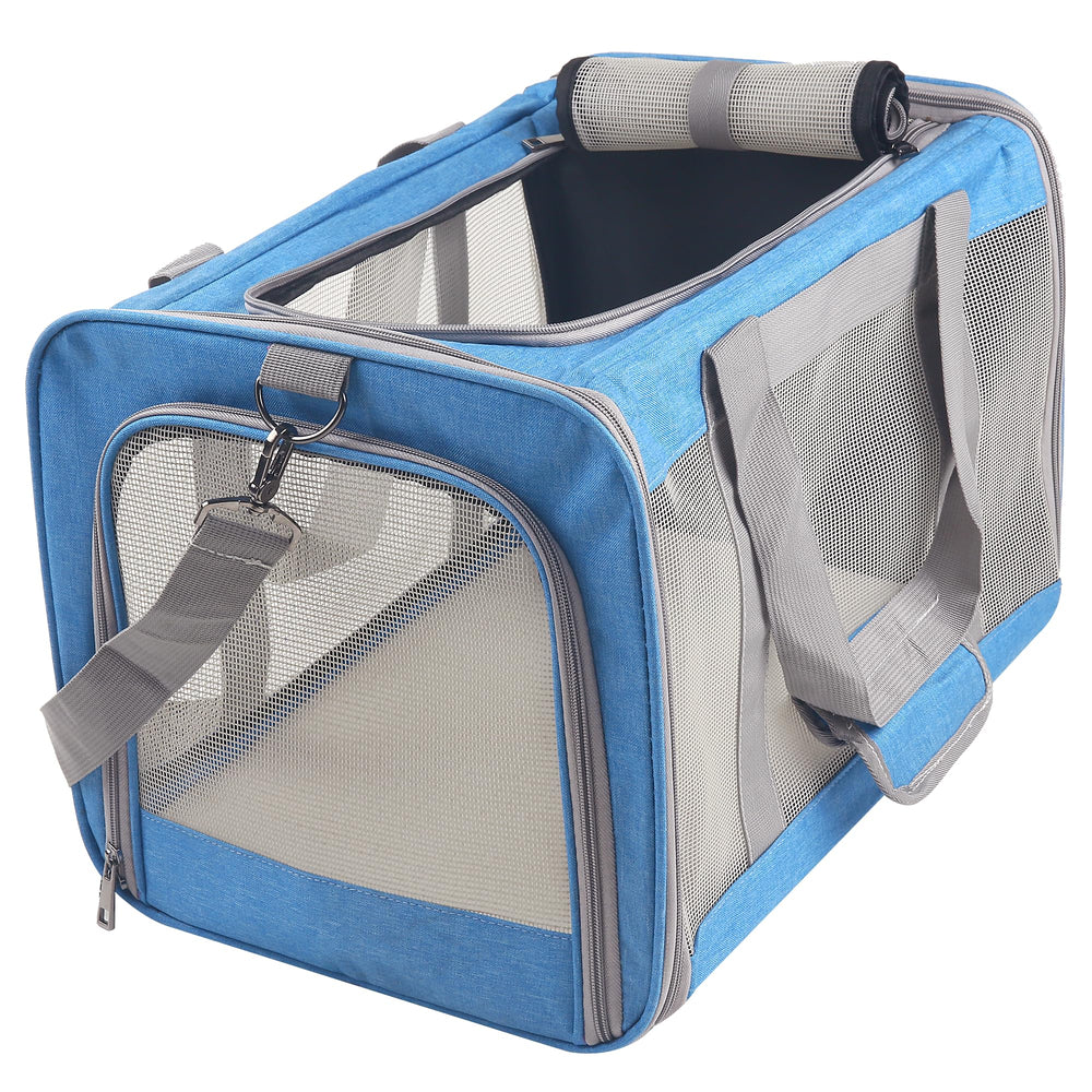 Atvobiy portable cat carrier in soft blue, top view showing spacious interior
