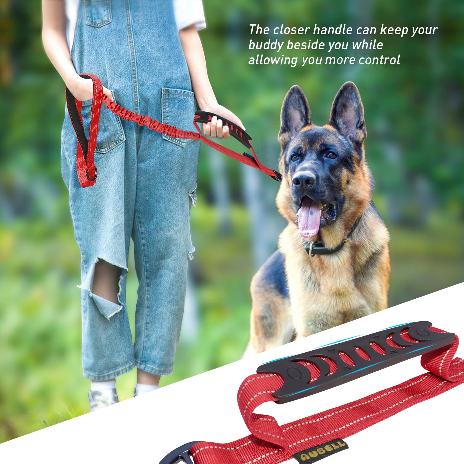 AUBELL leash features a D-ring for poop bags and small accessories.