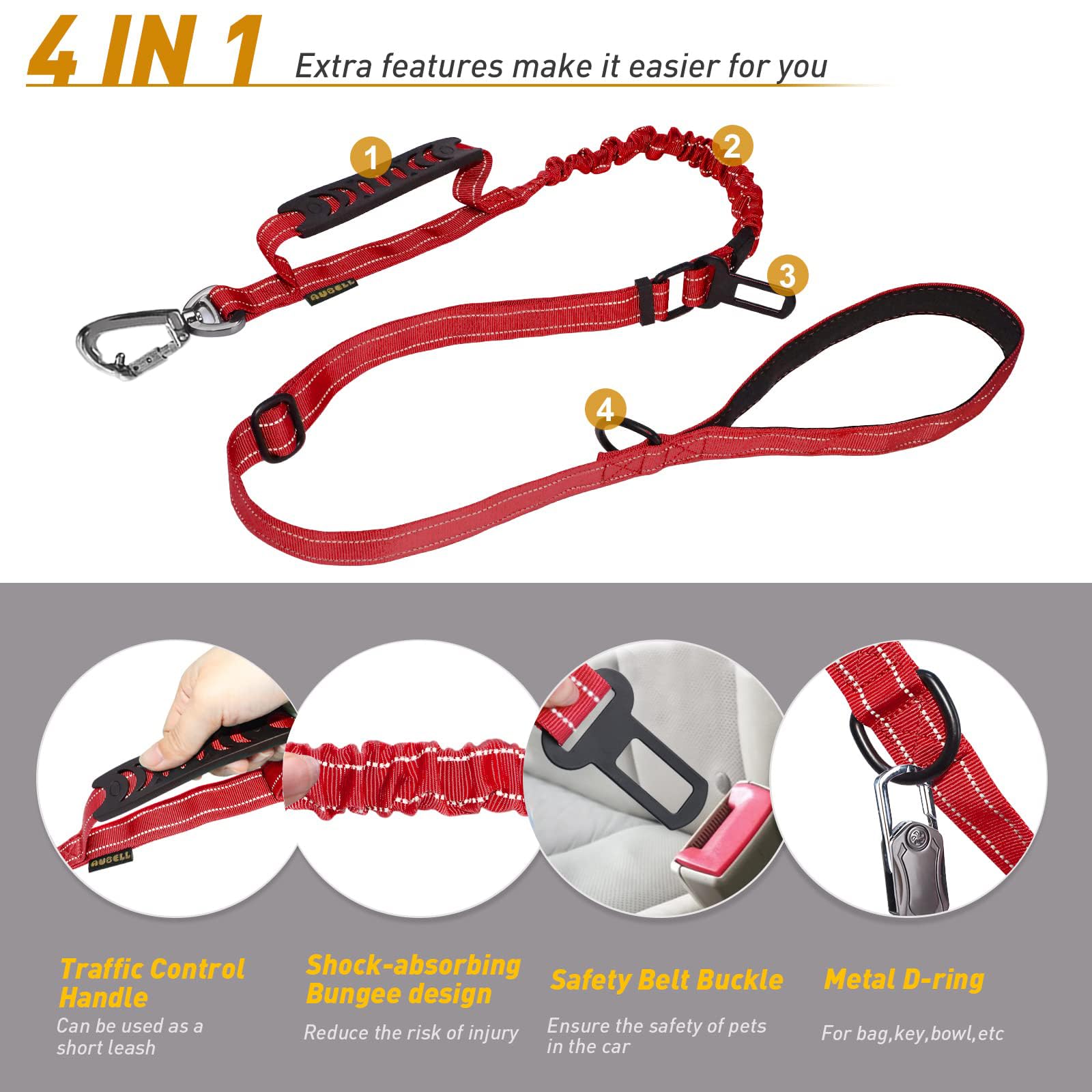 AUBELL reflective thread leash improves night-time visibility for safety.