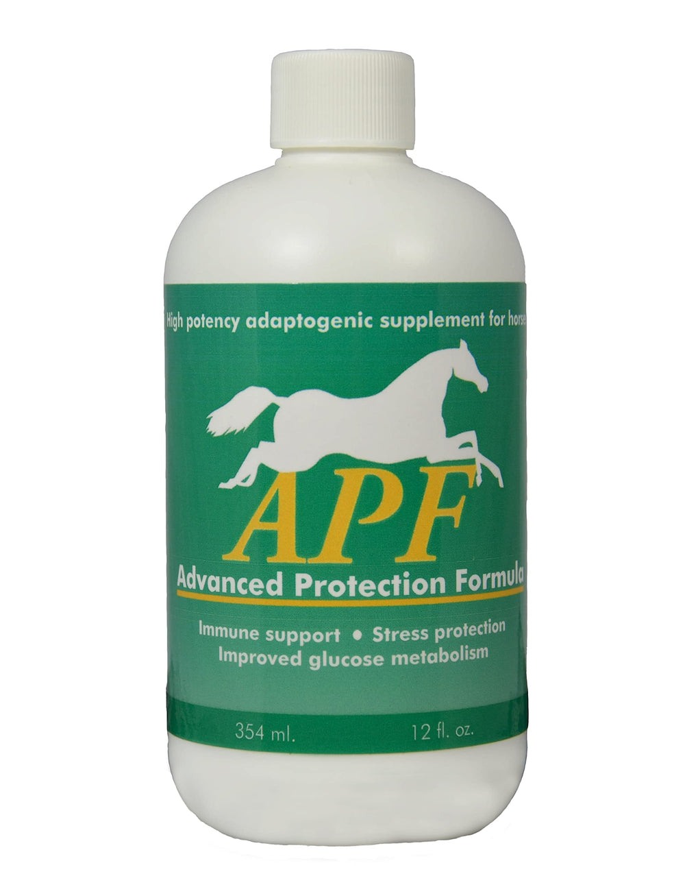 Auburn Laboratories APF bottle with label highlighting adaptive support for horses and stress resilience.