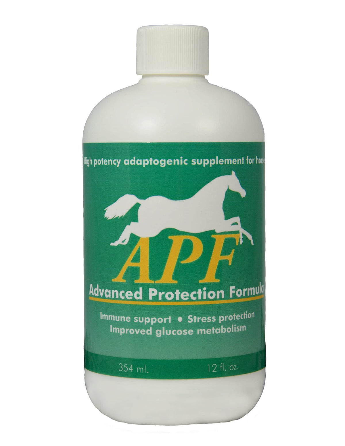 Auburn Laboratories APF bottle with label highlighting adaptive support for horses and stress resilience.