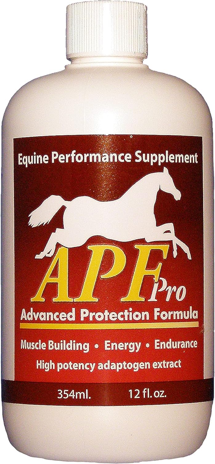 Auburn Laboratories APF PRO Equine brown bottle pour showing muscle support and endurance benefits.