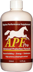 Auburn Laboratories APF PRO Equine brown bottle pour showing muscle support and endurance benefits.