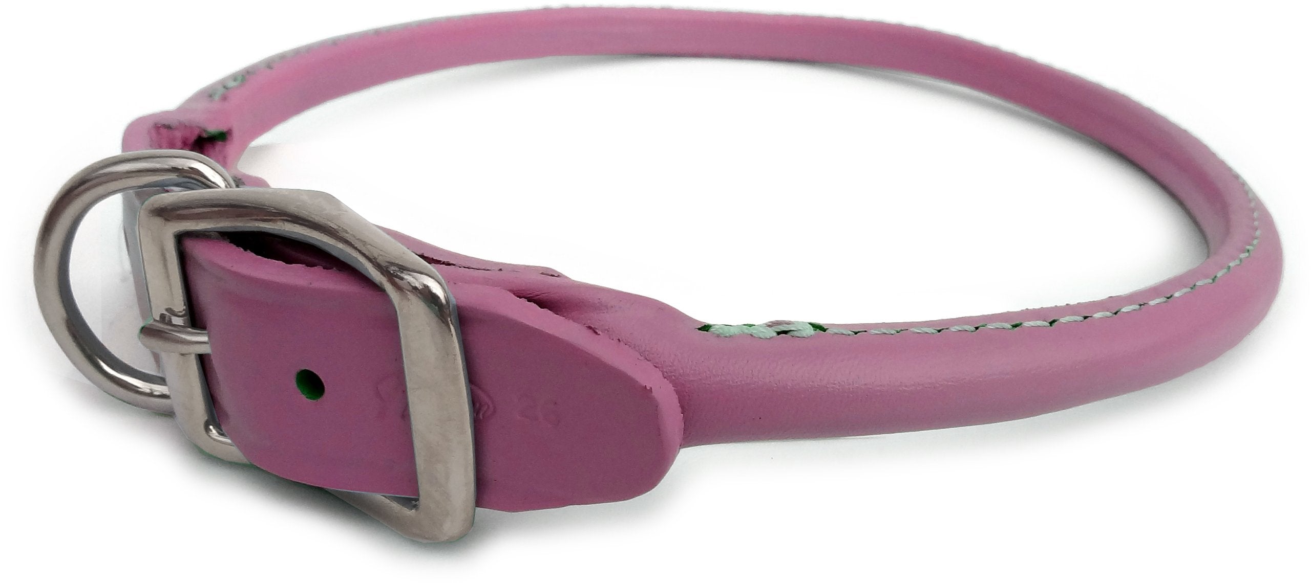 Auburn Leathercrafters pink round dog collar 18-inch, showing durable rolled leather for everyday walks
