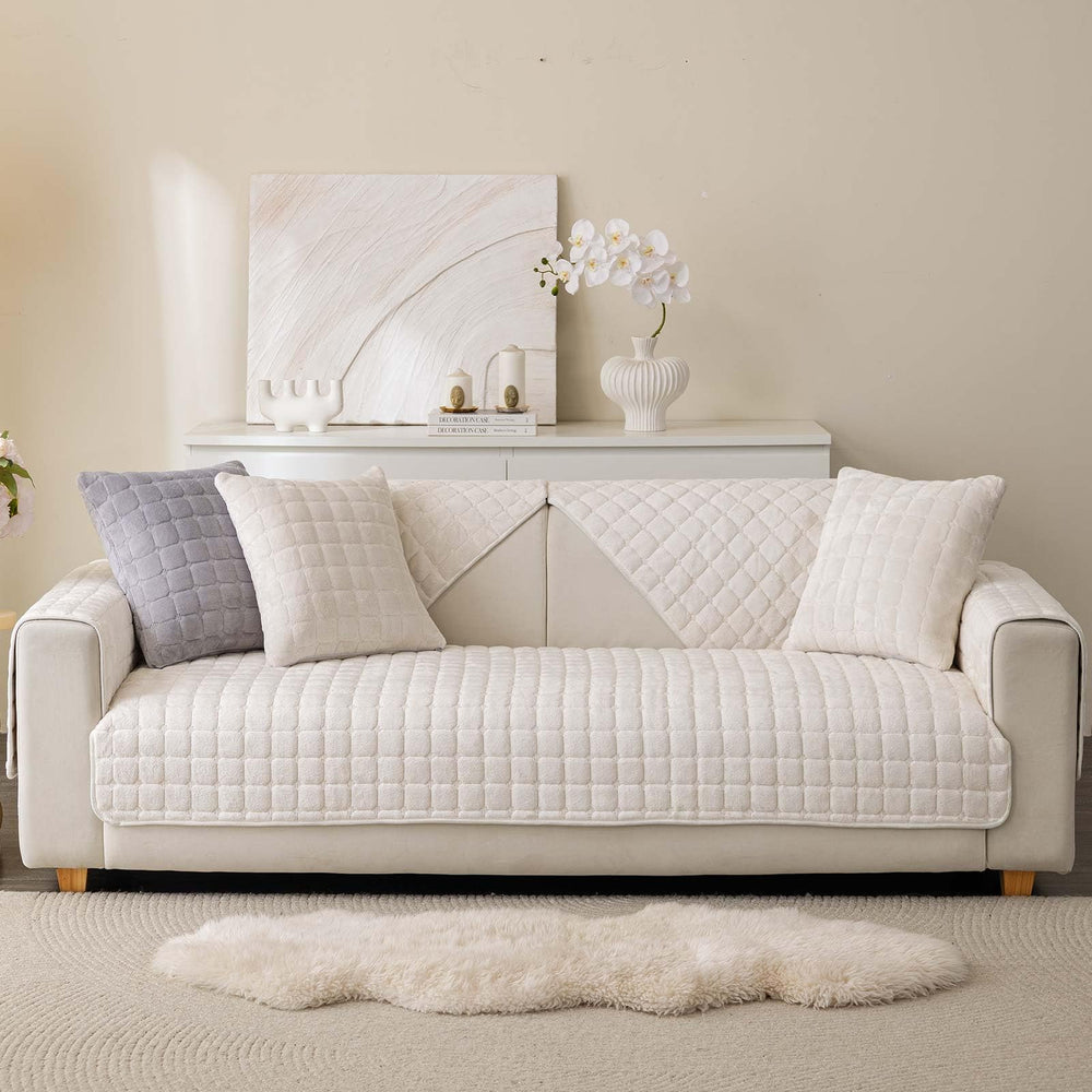 Aucrovee Velvet couch cover illustrating quick installation without bulky straps.