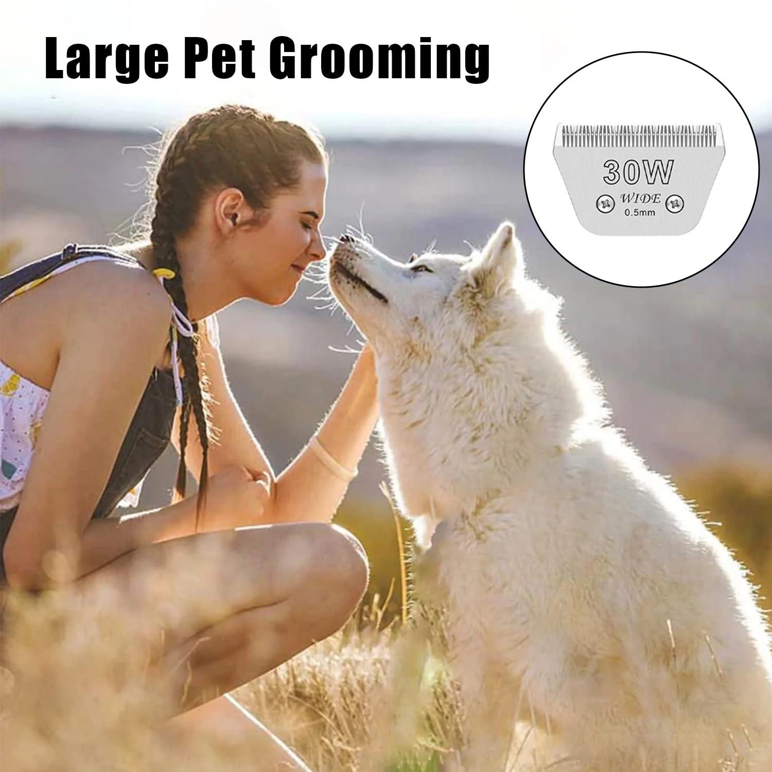 Audoc 30W wide blade in-use on a dog coat demonstrates body grooming capability.