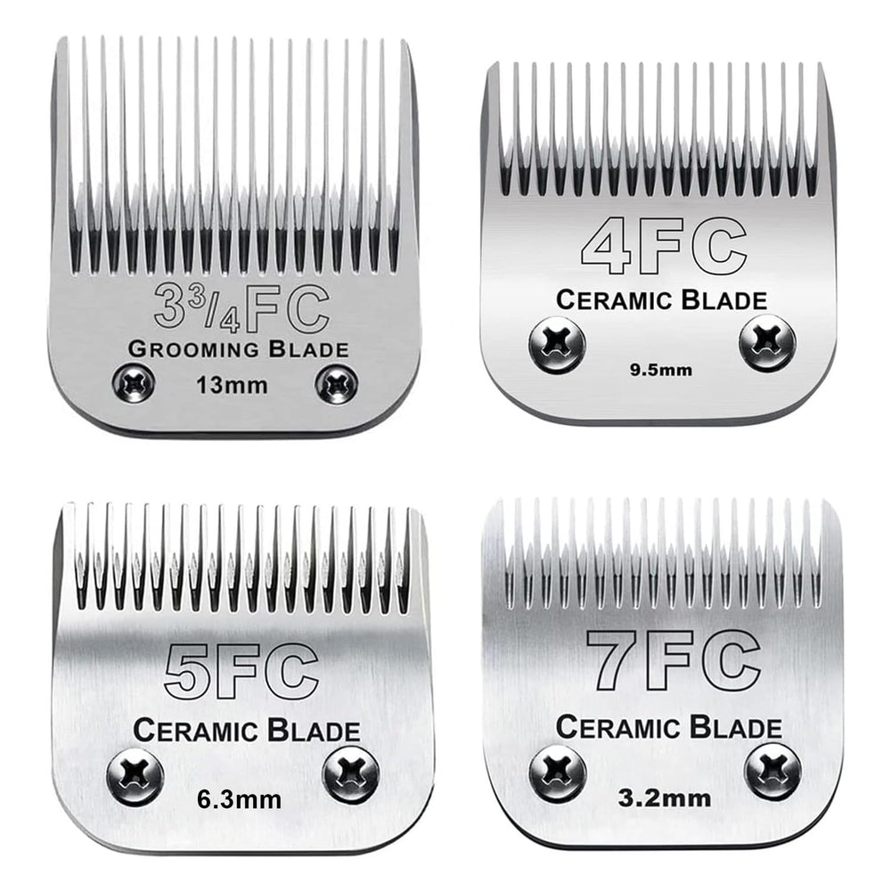 Audoc 4PACK blades: ceramic and stainless options shown for smooth, quiet dog grooming.