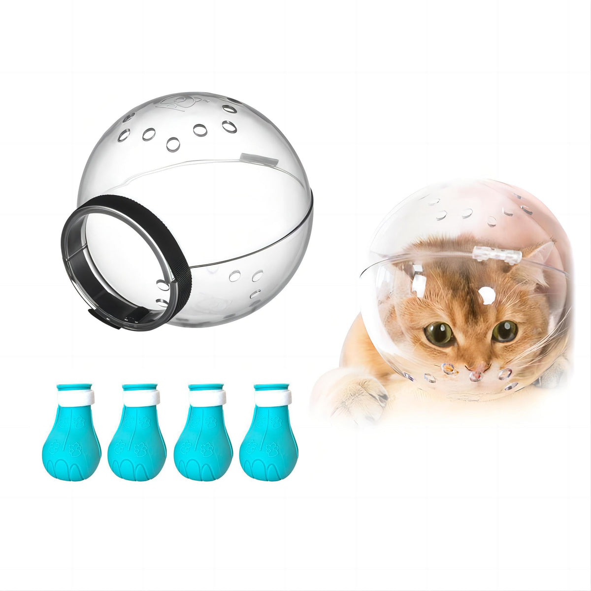 Augegel cat muzzle in use provides secure bite protection during grooming.