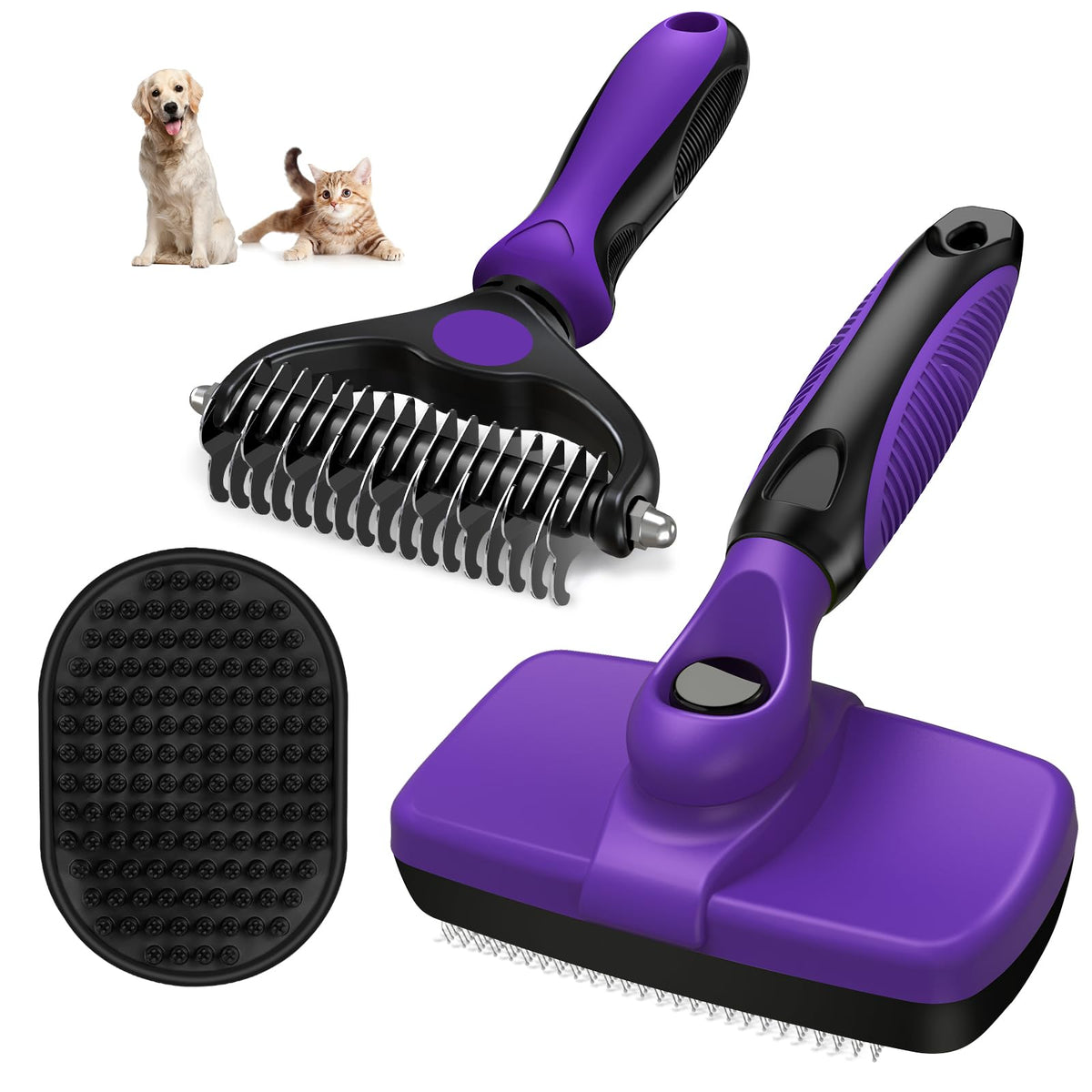 Augwind 3-in-1 pet grooming kit self-cleaning slicker brush image showing hair removal