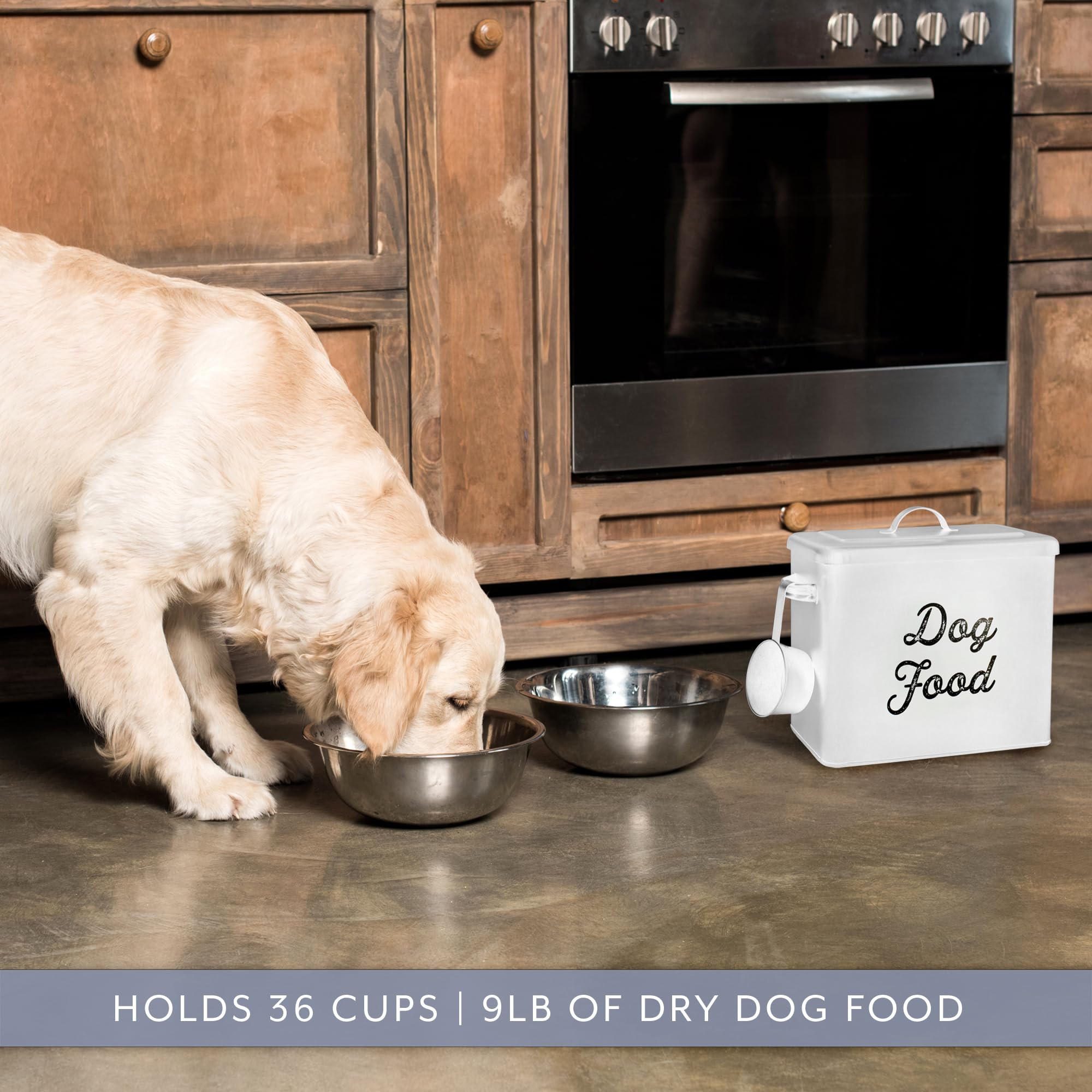 AuldHome Design dog food bin label visible for quick recognition and use
