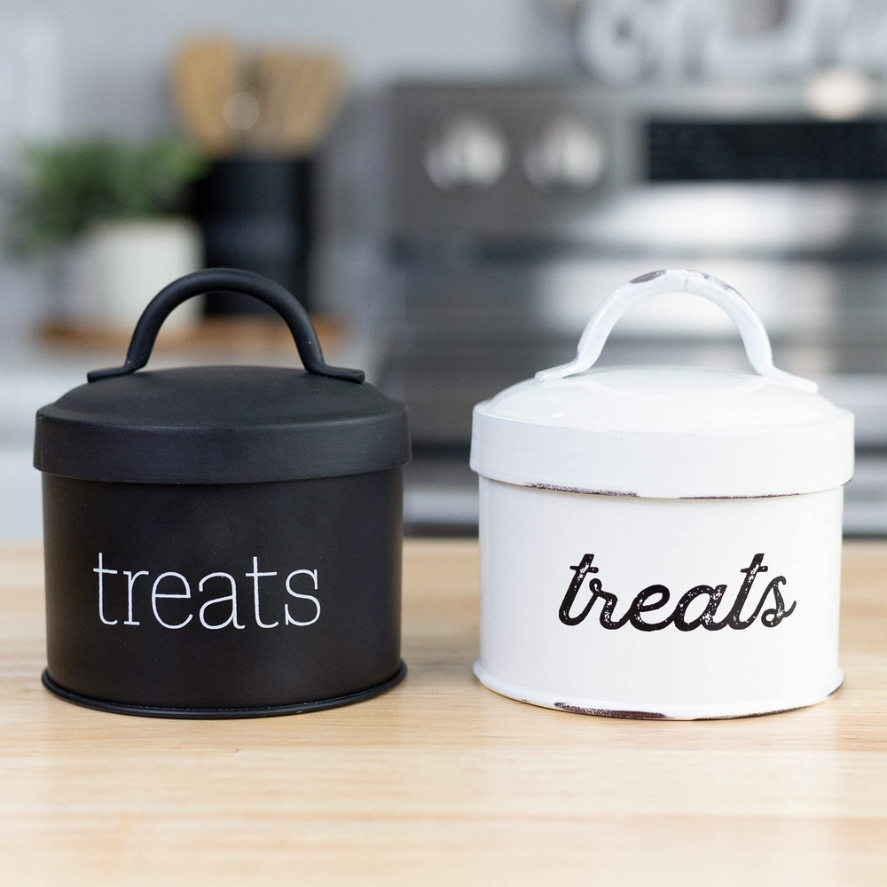 AuldHome Design enamel cat treat container black daily-use jar blends retro charm with practicality