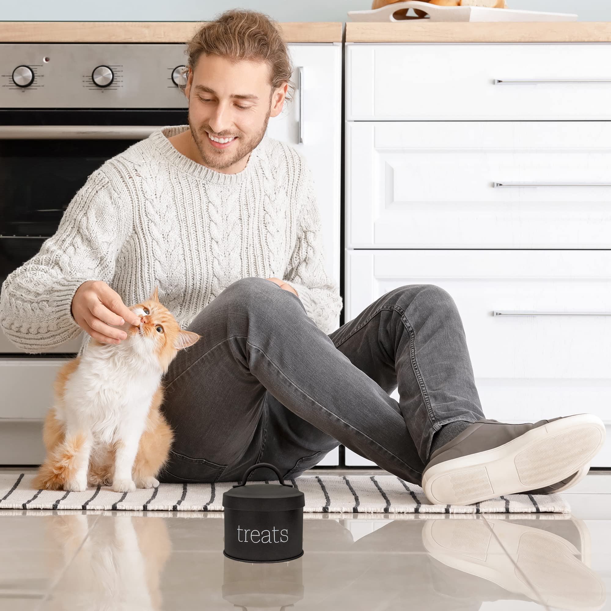 AuldHome Design enamel cat treat container black size insight shows compact 5x4 inch footprint