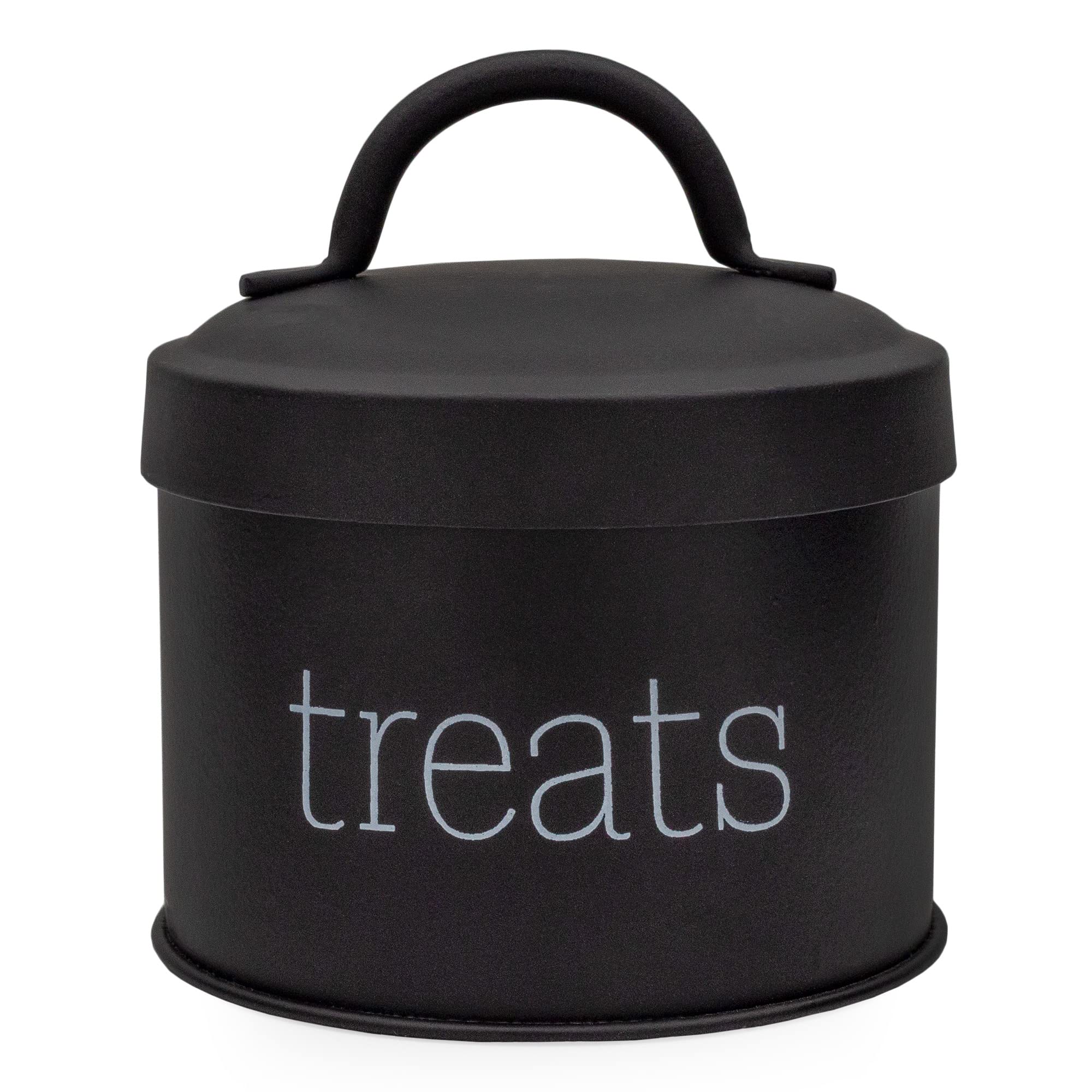 AuldHome Design enamel cat treat container black front view for compact treat storage