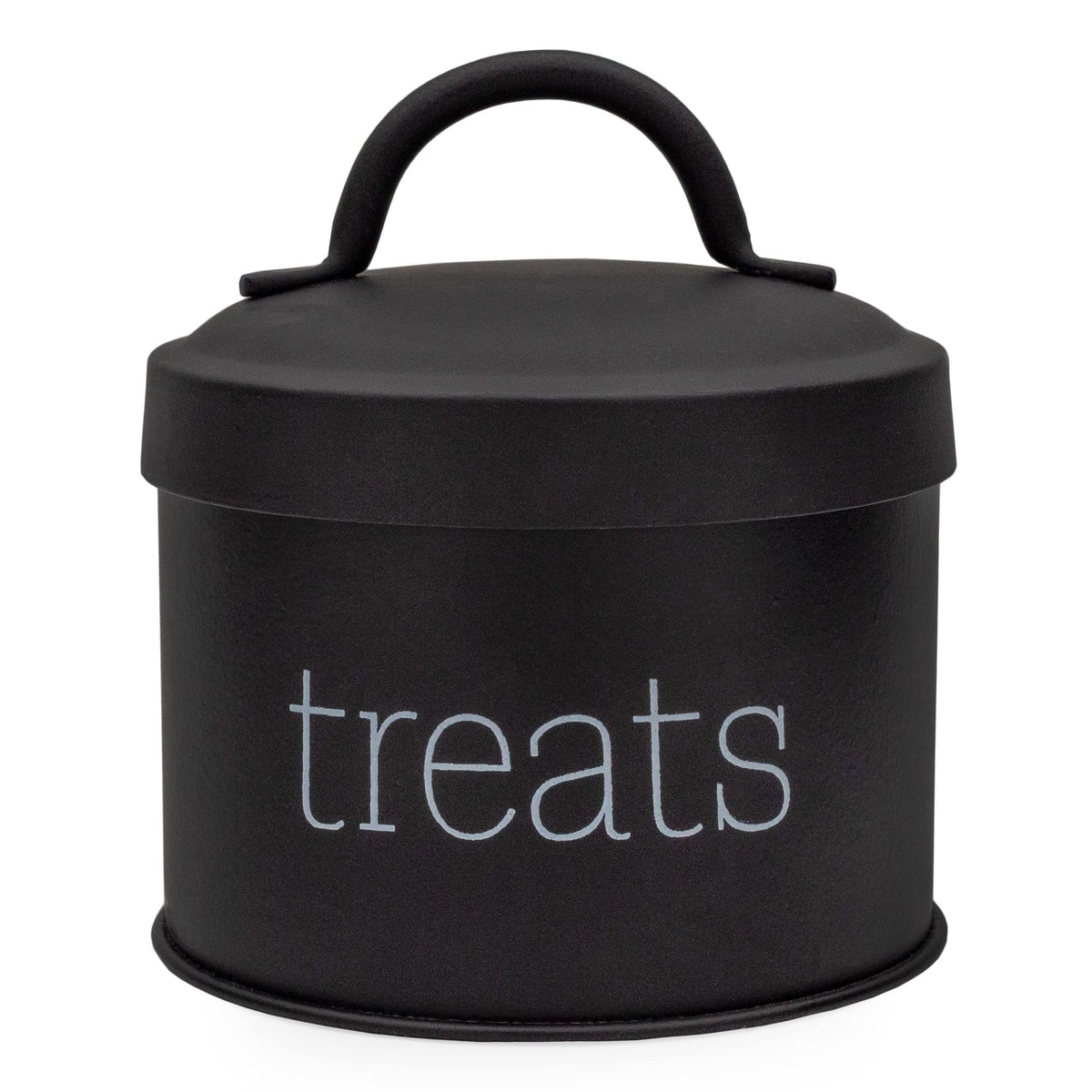 AuldHome Design enamel cat treat container black front view for compact treat storage
