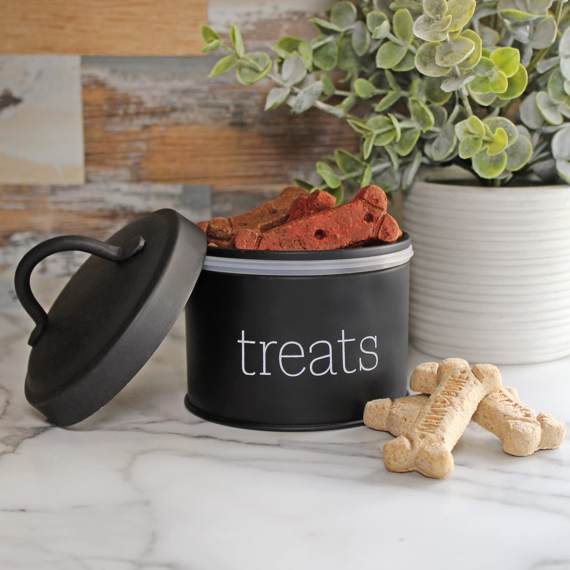 AuldHome Design enamel cat treat container black lid closed demonstrates airtight seal for freshness