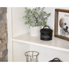 AuldHome Design enamel cat treat container black side view highlights retro modern style