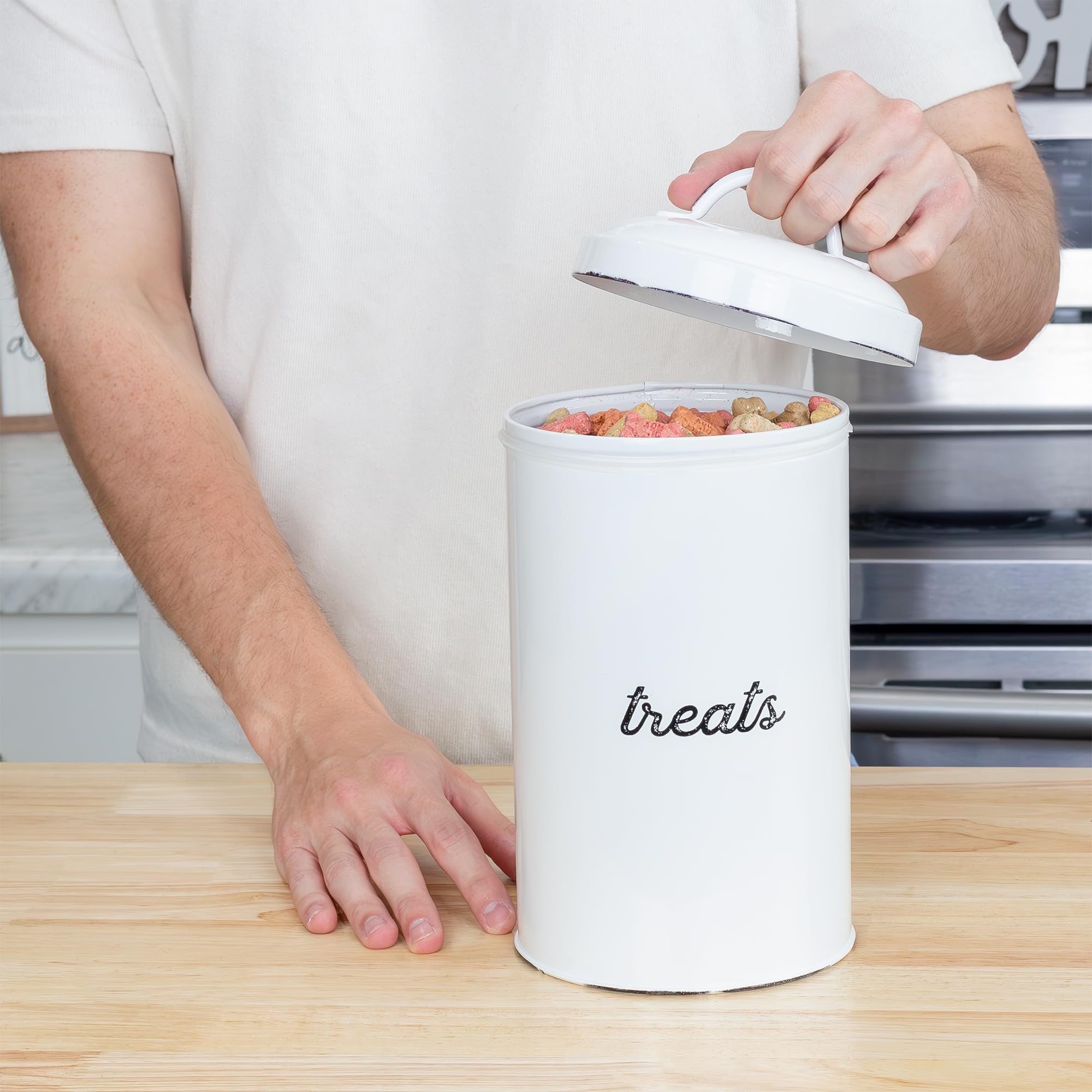 AuldHome Design enamelware dog treat jar detail-label emphasizes vintage charm and durability.