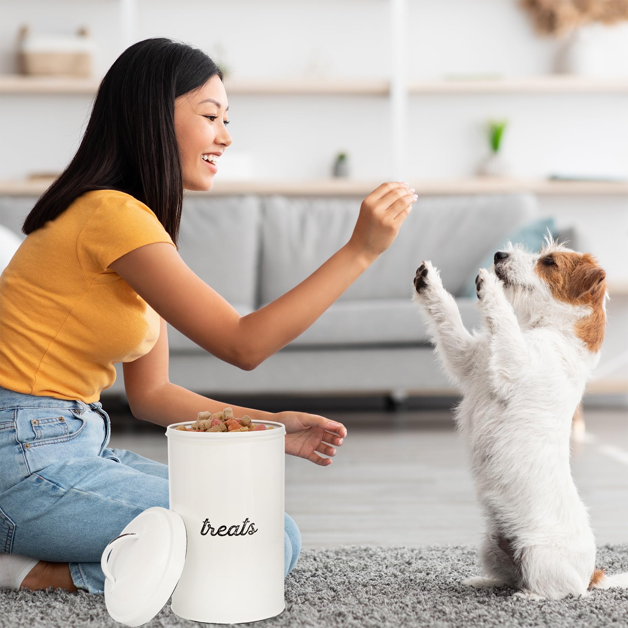 AuldHome Design enamelware dog treat jar on kitchen shelf with white enamel and retro vibe.
