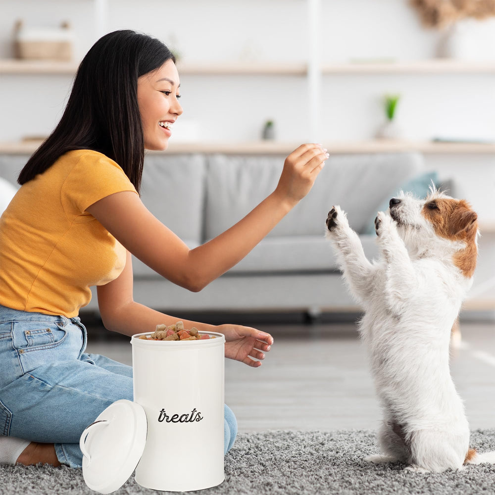 AuldHome Design enamelware dog treat jar on kitchen shelf with white enamel and retro vibe.