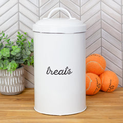 AuldHome Design enamelware dog treat jar side view shows space for treats and classic style.