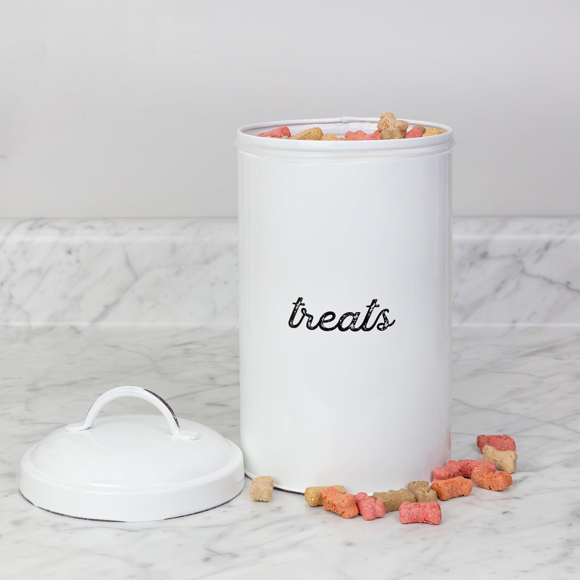 AuldHome Design enamelware dog treat jar styled as decor while storing treats neatly.