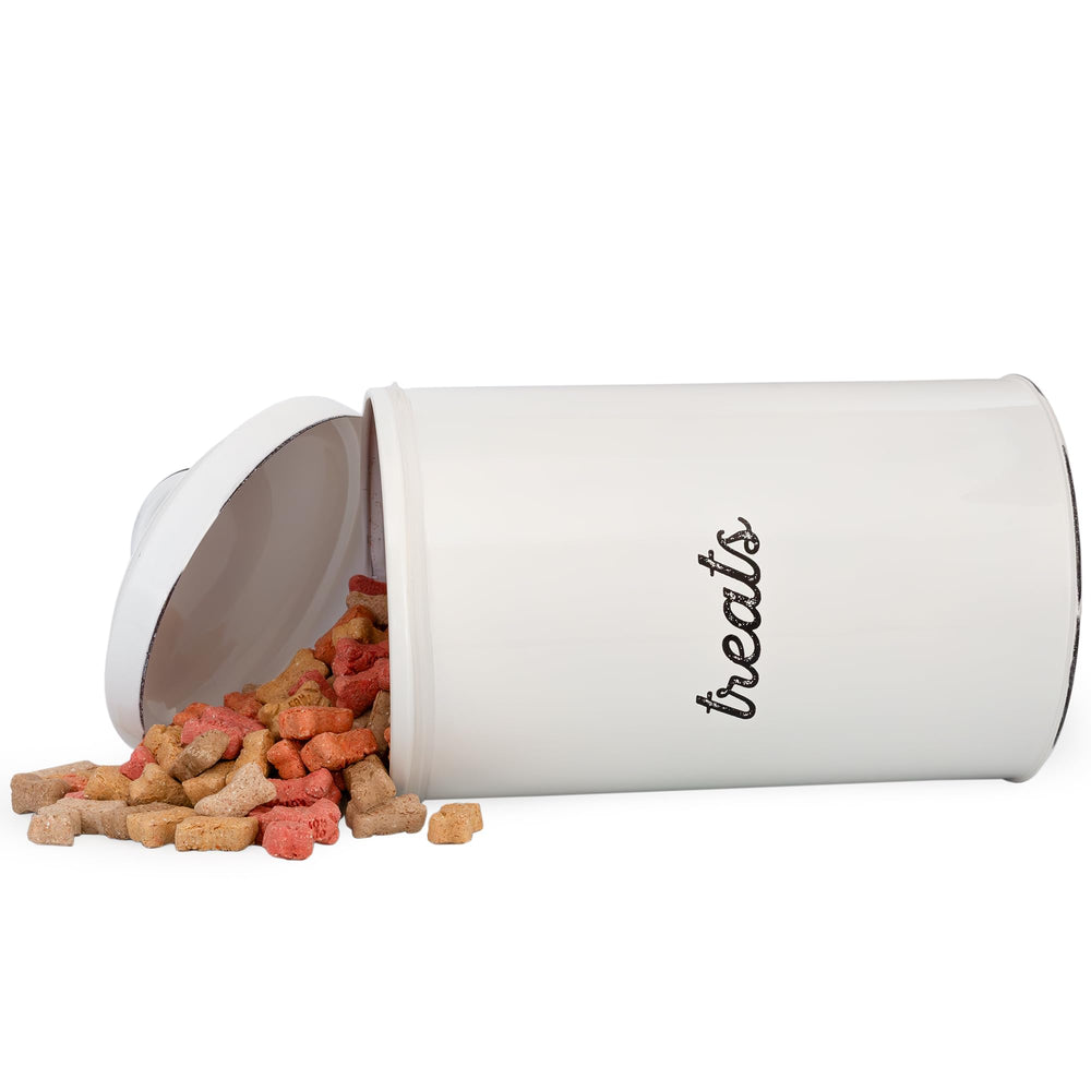 AuldHome Design enamelware dog treat jar white finish complements rustic kitchen design.