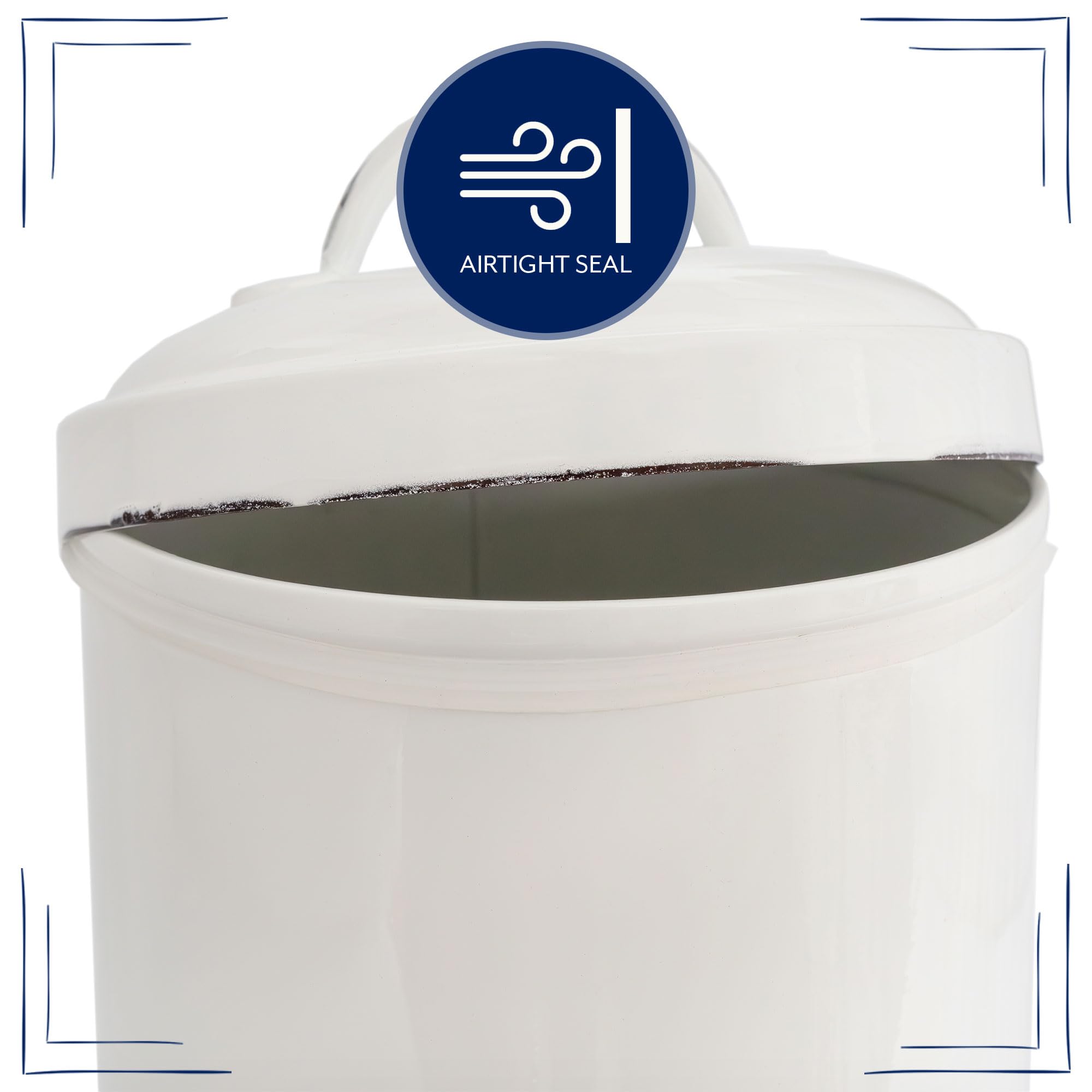 AuldHome Design enamelware dog treat jar with dog snack illustrates everyday use at home.