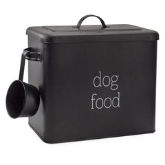 AuldHome Design retro dog food canister in black front view promotes tidy pet meal storage