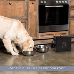 AuldHome Design retro dog food canister black with hanging scoop provides quick portioning