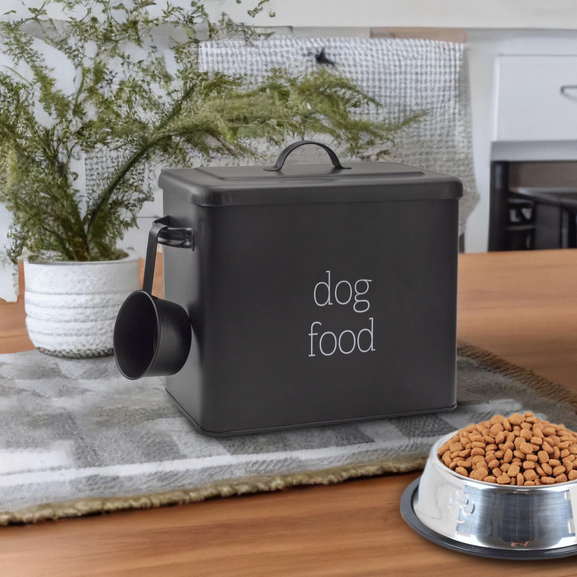 AuldHome Design retro dog food canister black side view helps organize pantry space