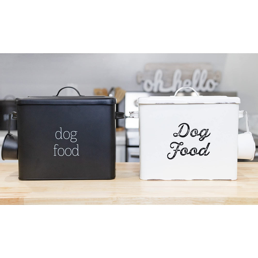 AuldHome Design retro dog food canister white on-counter with scoop ready for use