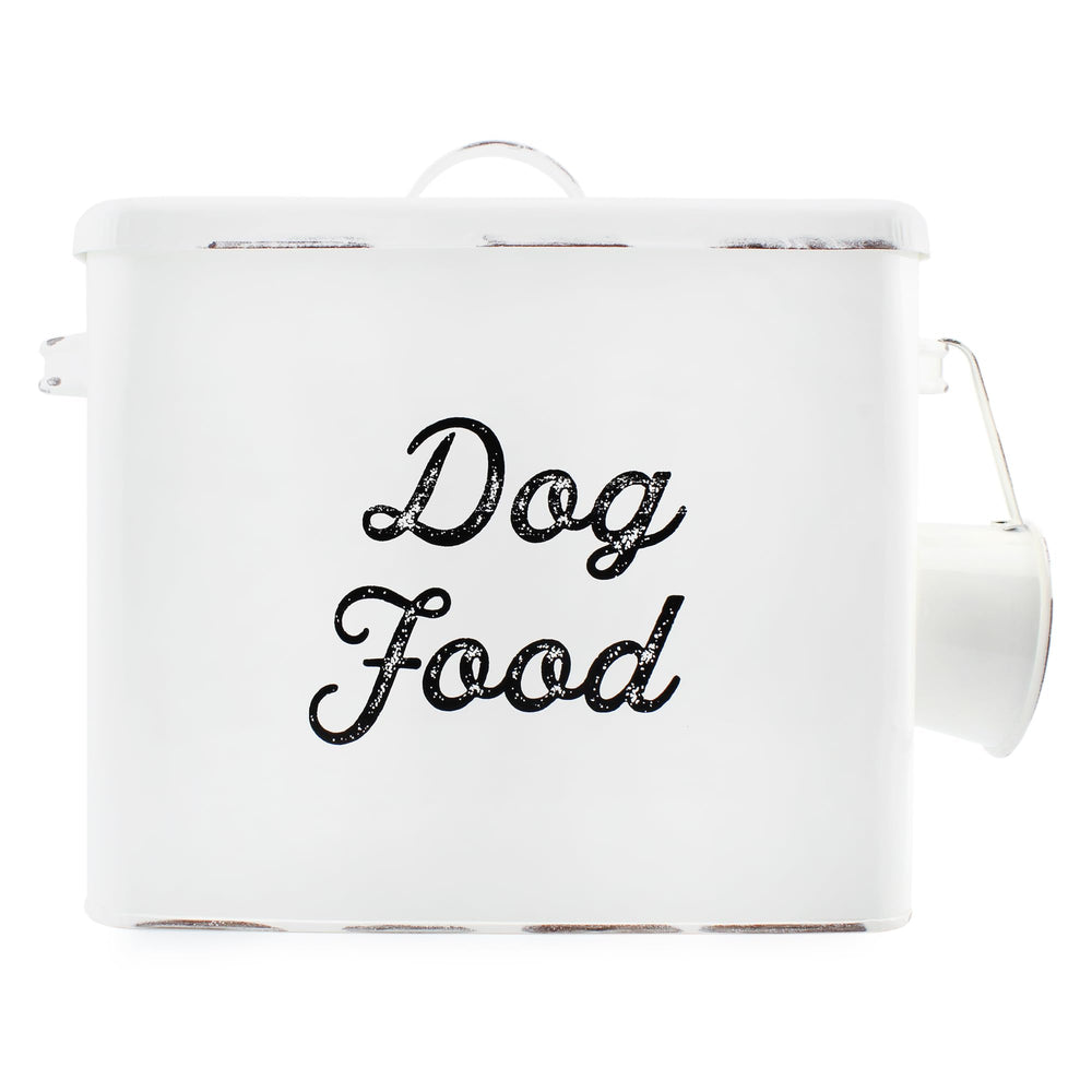 AuldHome Design rustic dog food canister front view on white counter for organized storage