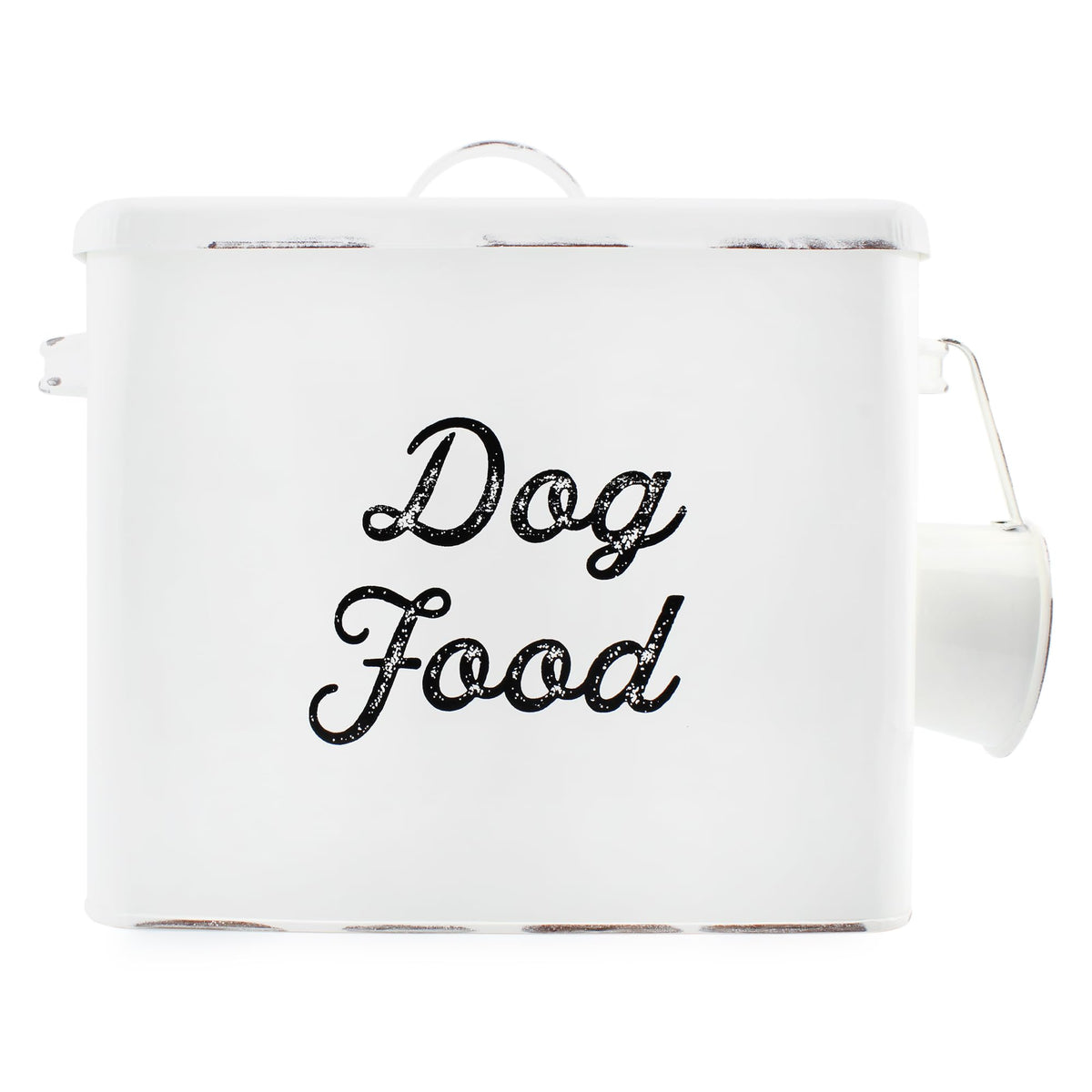 AuldHome Design rustic dog food canister front view on white counter for organized storage